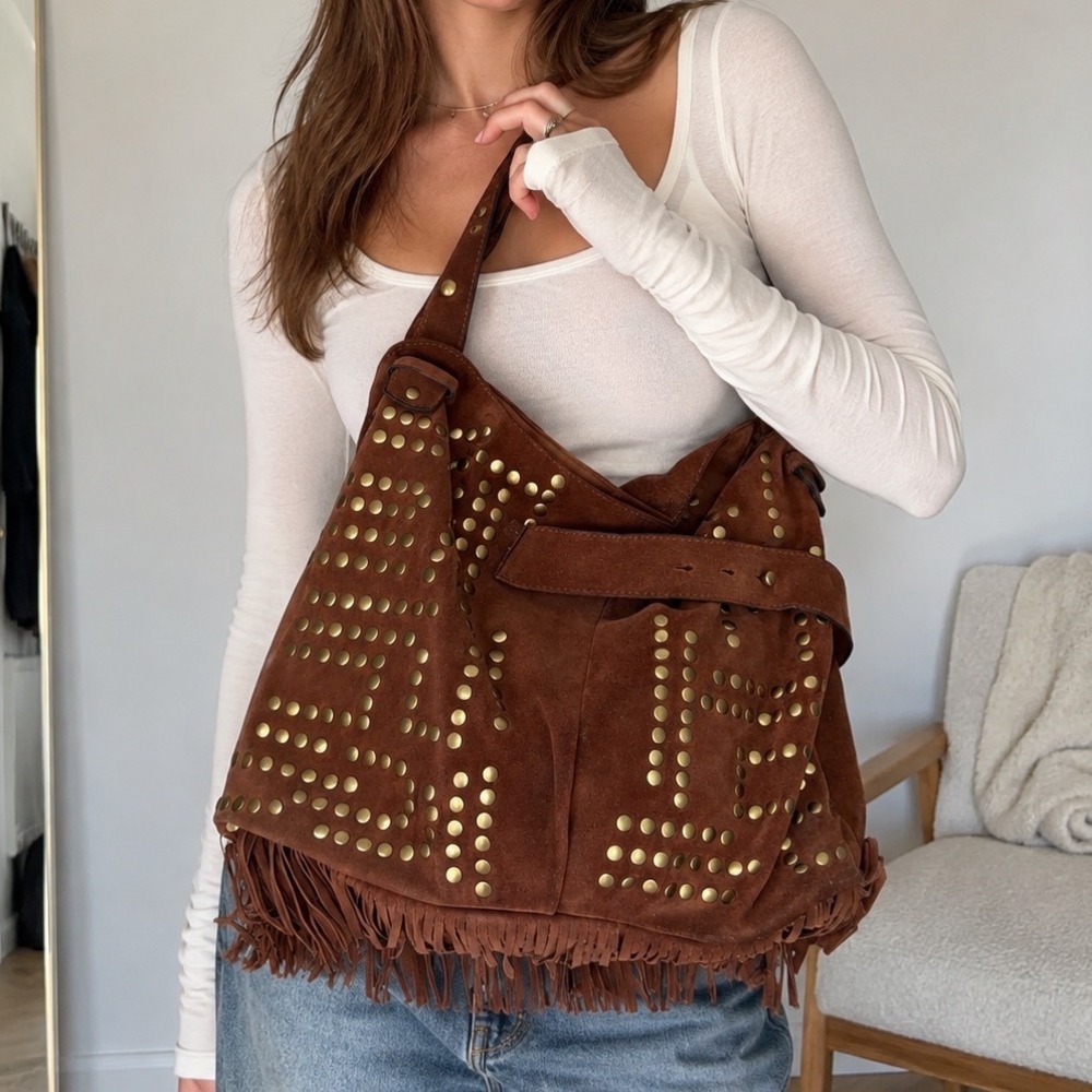 Sam Edelman Emily Brown Suede Studded Fringe Hobo Bag Western Boho Shoulder Bag